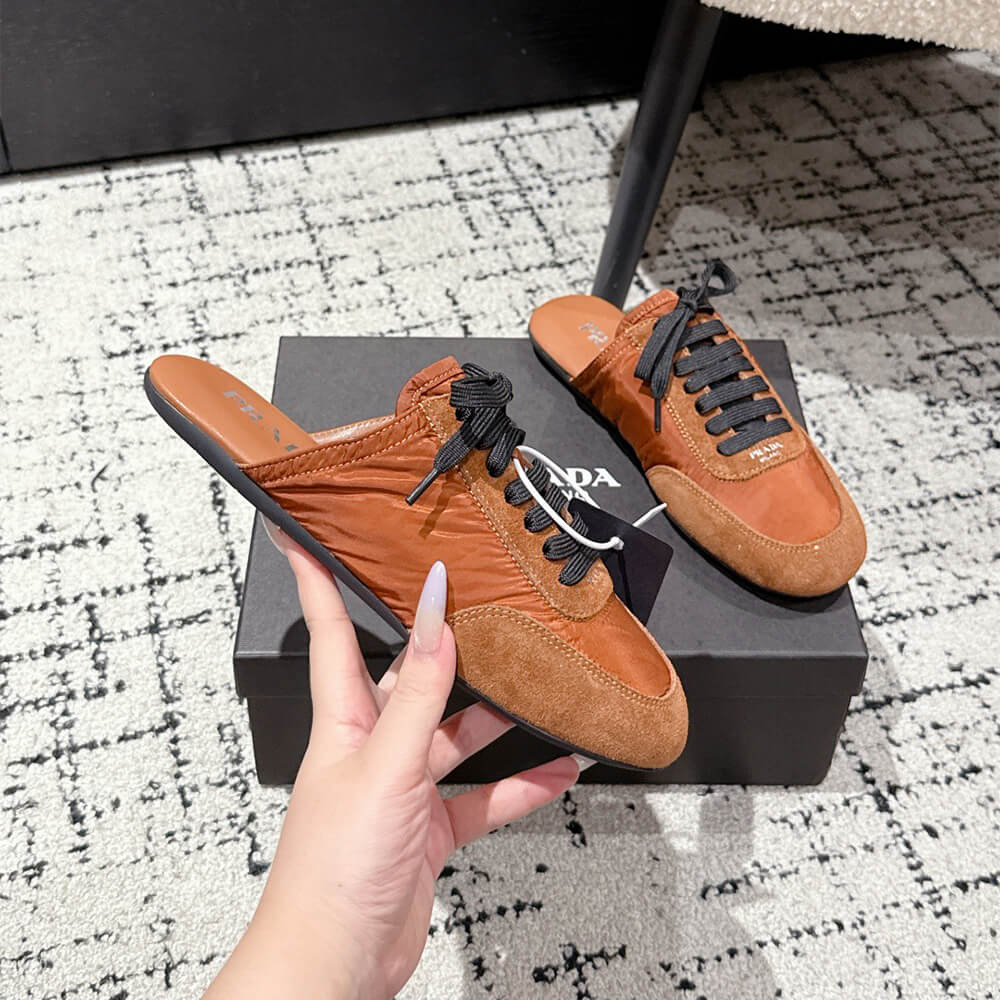 PRADA Collapse Re-Nylon and suede mules