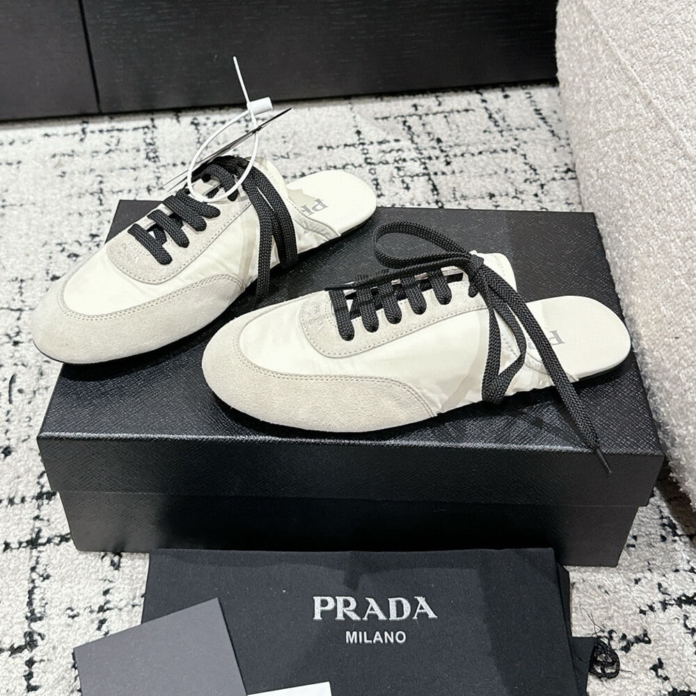 PRADA Collapse Re-Nylon and suede mules